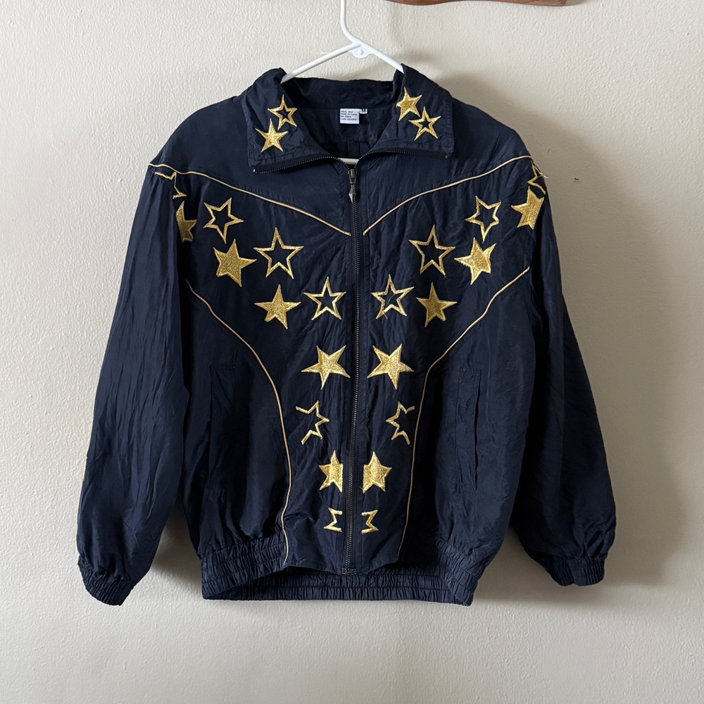 Vintage Fu Da International 100% Silk Embroidered Star Bomber Jacket size M